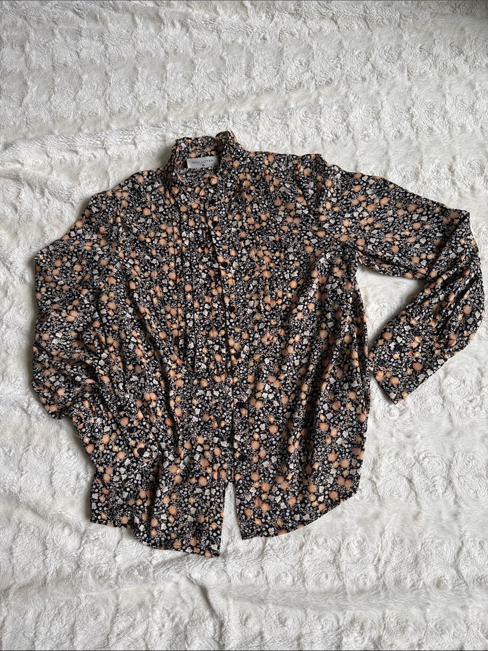 Black Floral Button-Up Blouse with Peach Accents